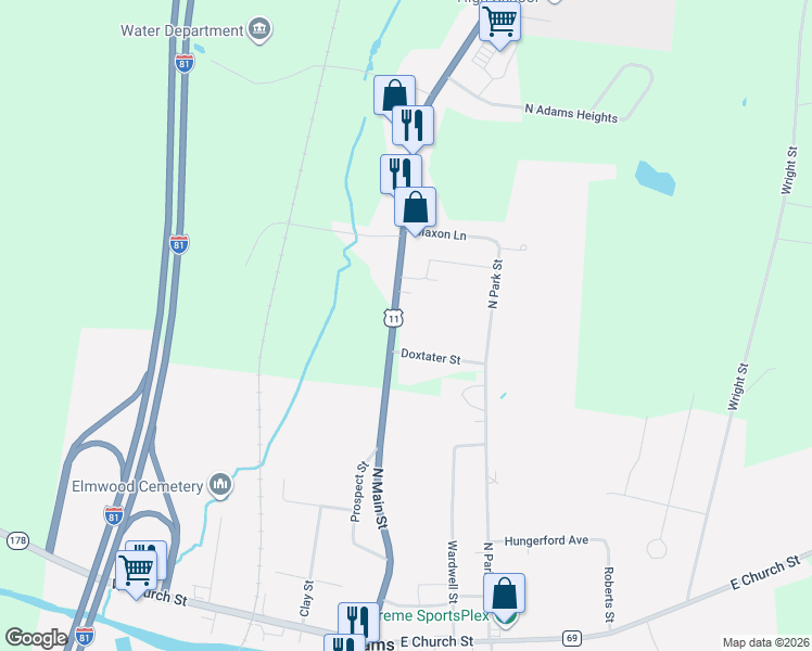 map of restaurants, bars, coffee shops, grocery stores, and more near 10382 U.S. 11 in Adams