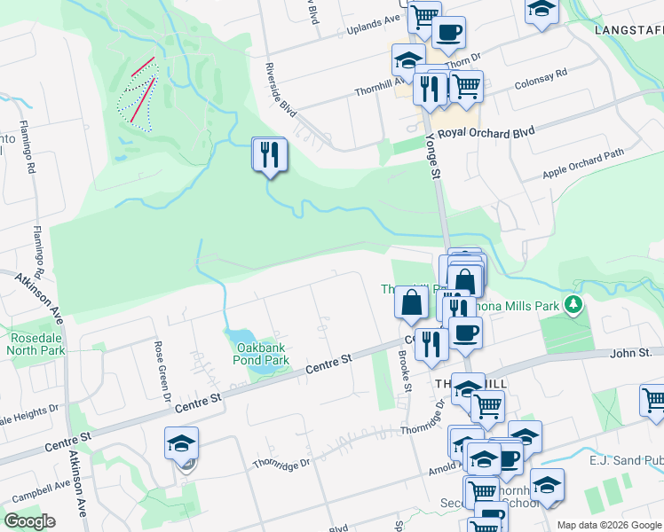 map of restaurants, bars, coffee shops, grocery stores, and more near 33 Thornbank Road in Vaughan