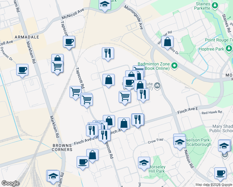 map of restaurants, bars, coffee shops, grocery stores, and more near 400 Finchdene Square in Toronto