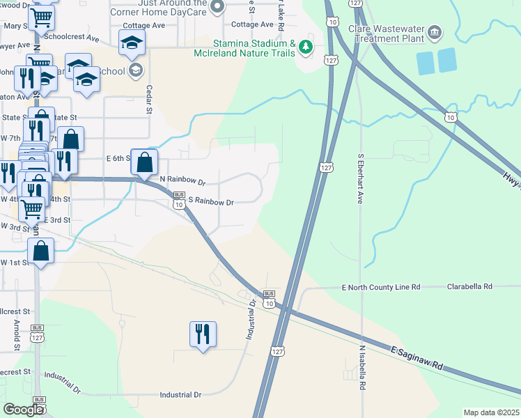 map of restaurants, bars, coffee shops, grocery stores, and more near 6055 South Rainbow Drive in Clare