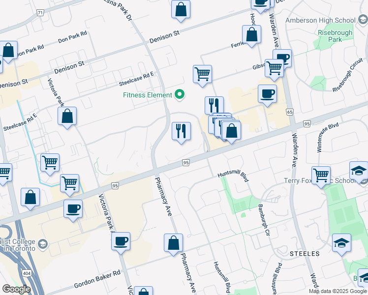 map of restaurants, bars, coffee shops, grocery stores, and more near 3600 Steeles Avenue East in Markham