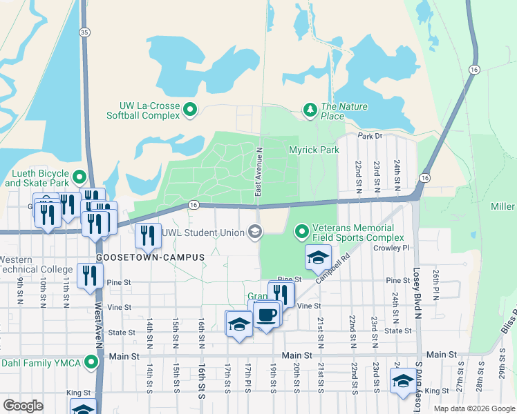 map of restaurants, bars, coffee shops, grocery stores, and more near 700 East Avenue North in La Crosse