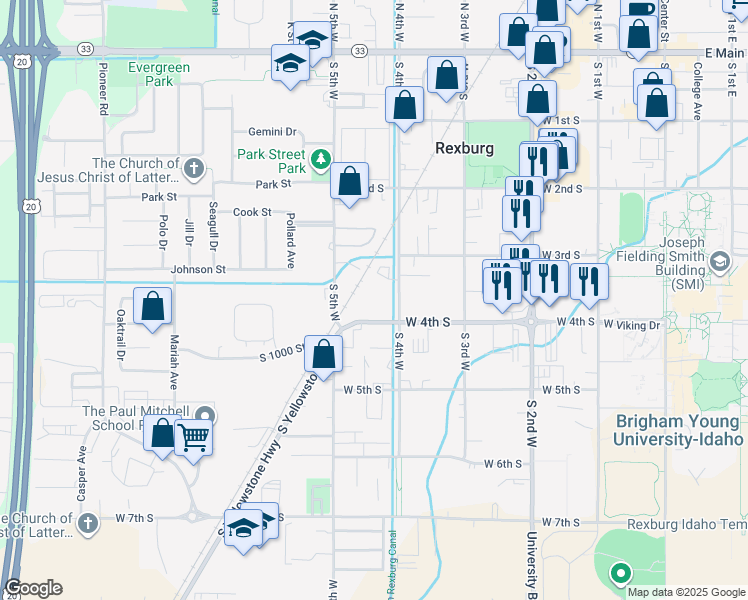map of restaurants, bars, coffee shops, grocery stores, and more near 420 West 4th South in Rexburg