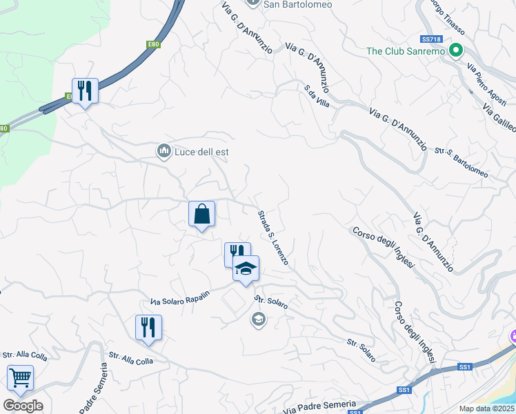 map of restaurants, bars, coffee shops, grocery stores, and more near 76 Strada San Lorenzo in Sanremo