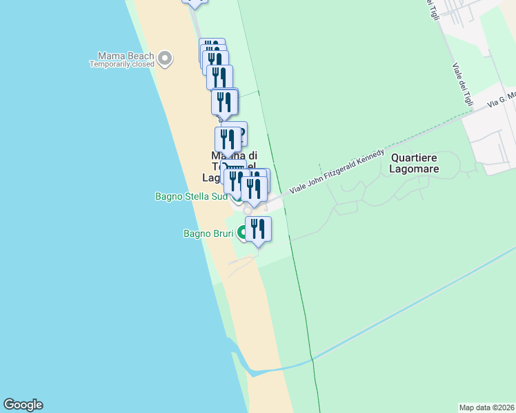 map of restaurants, bars, coffee shops, grocery stores, and more near Viale John Fitzgerald Kennedy in Marina di Torre del Lago Puccini