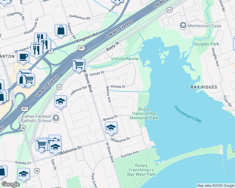 map of restaurants, bars, coffee shops, grocery stores, and more near 956 Bayshore Court in Pickering
