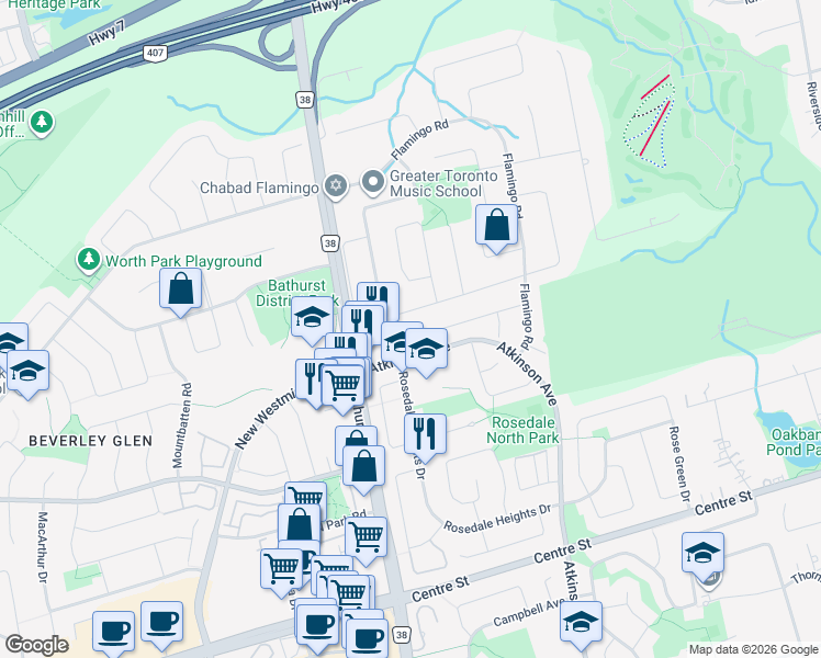 map of restaurants, bars, coffee shops, grocery stores, and more near in Vaughan