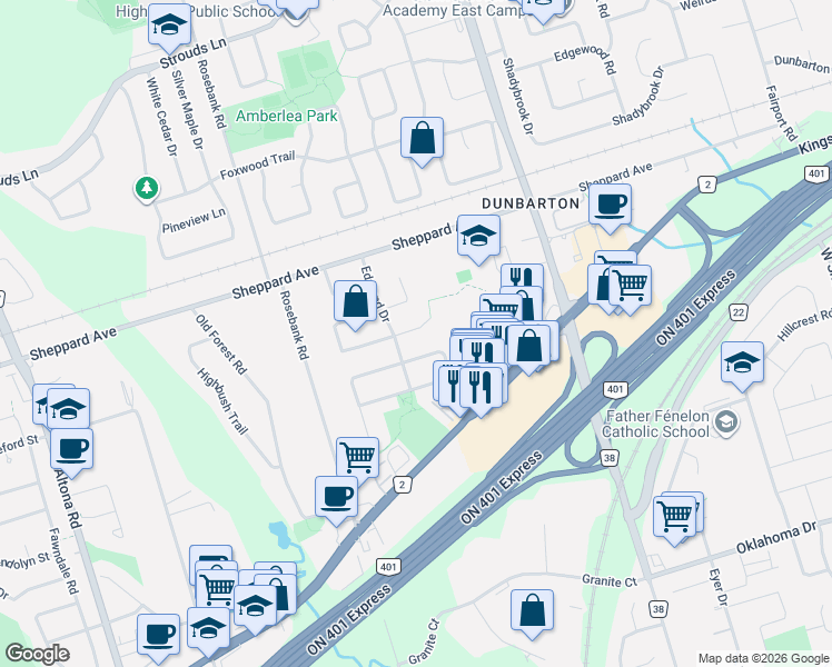 map of restaurants, bars, coffee shops, grocery stores, and more near 561 Cattail Court in Pickering