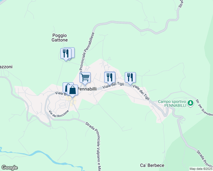 map of restaurants, bars, coffee shops, grocery stores, and more near 1 Viale dei Tigli in Pennabilli