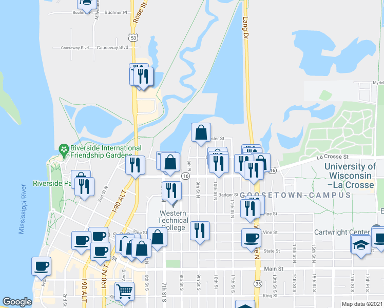 map of restaurants, bars, coffee shops, grocery stores, and more near 619 8th Place in La Crosse