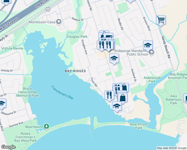 map of restaurants, bars, coffee shops, grocery stores, and more near 1278 Commerce Street in Pickering