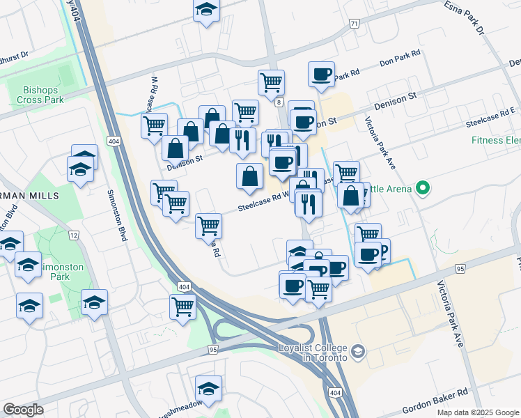 map of restaurants, bars, coffee shops, grocery stores, and more near 1 Steelcase Road West in Markham