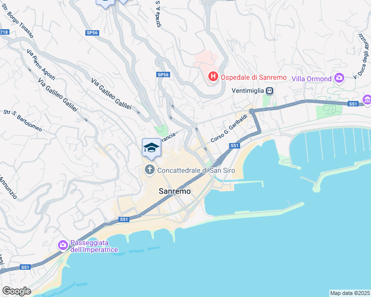 map of restaurants, bars, coffee shops, grocery stores, and more near 78 Via Giacomo Matteotti in Sanremo