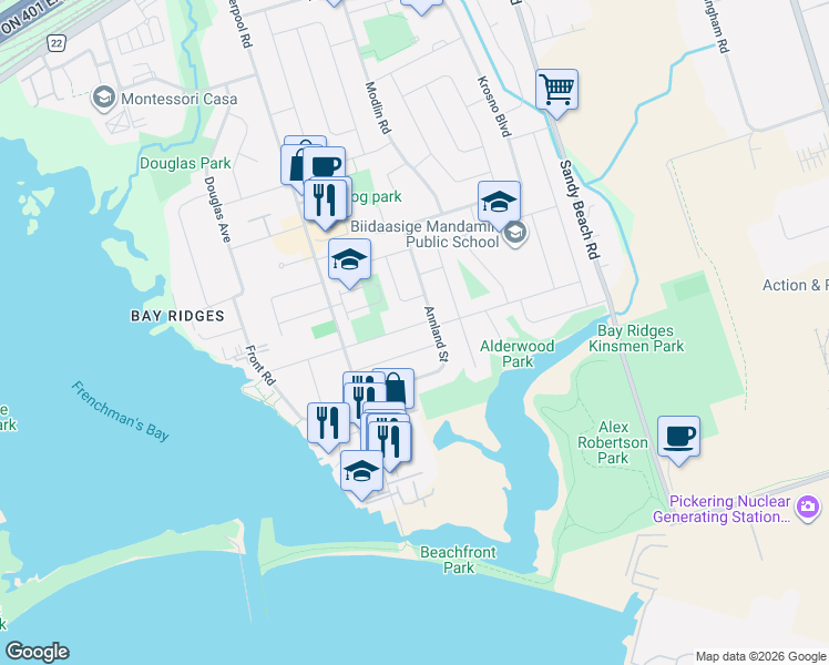 map of restaurants, bars, coffee shops, grocery stores, and more near 1327 Commerce Street in Pickering