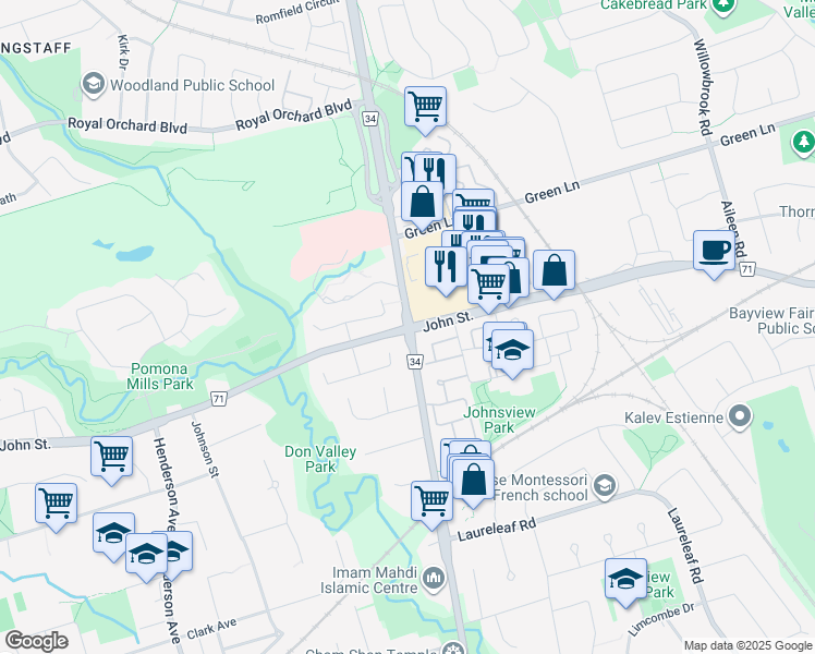 map of restaurants, bars, coffee shops, grocery stores, and more near Bayview Ave & John St in Markham