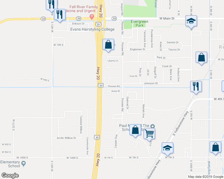 map of restaurants, bars, coffee shops, grocery stores, and more near 960 Anne Street in Rexburg