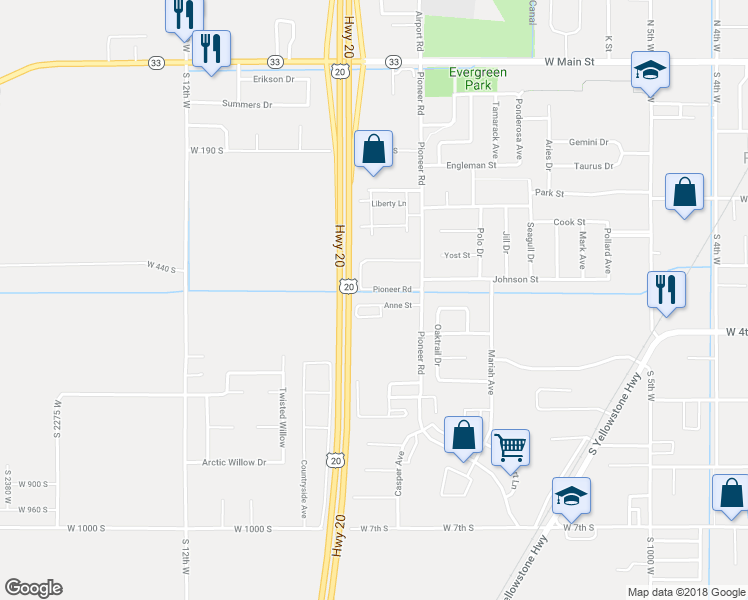 map of restaurants, bars, coffee shops, grocery stores, and more near 960 Anne Street in Rexburg
