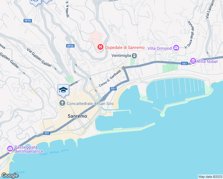 map of restaurants, bars, coffee shops, grocery stores, and more near 82 Corso G. Garibaldi in Sanremo