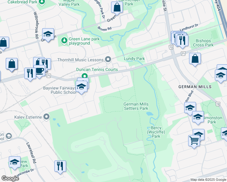 map of restaurants, bars, coffee shops, grocery stores, and more near 50 Cottonwood Court in Markham