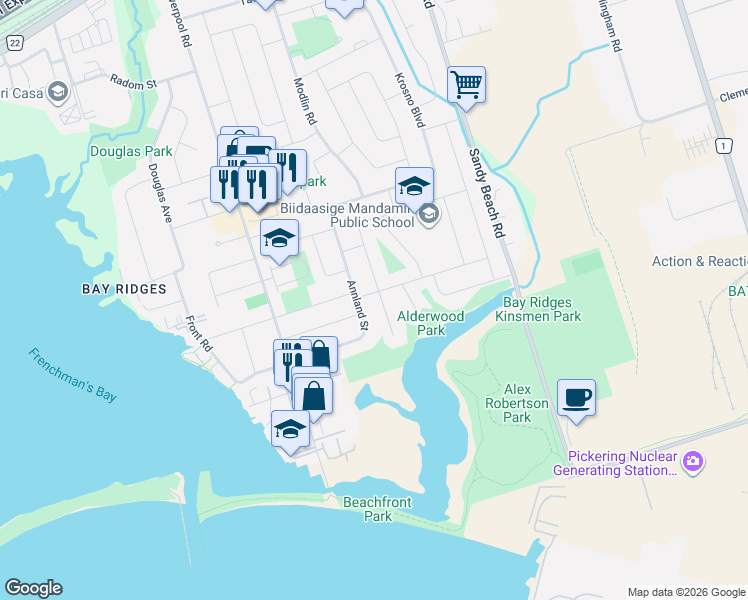 map of restaurants, bars, coffee shops, grocery stores, and more near 696 Balaton Avenue in Pickering