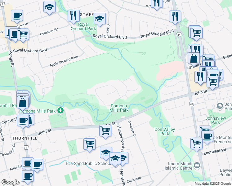 map of restaurants, bars, coffee shops, grocery stores, and more near 65 Forest Park Crescent in Markham