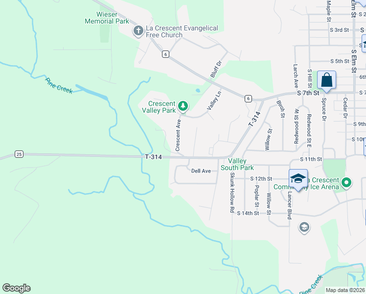 map of restaurants, bars, coffee shops, grocery stores, and more near 103 Crescent Avenue in La Crescent