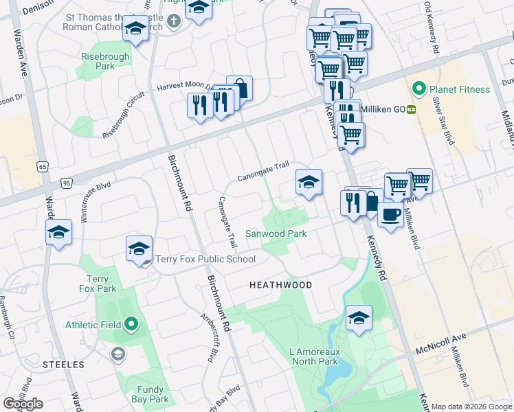map of restaurants, bars, coffee shops, grocery stores, and more near 61 Coverdale Crescent in Toronto