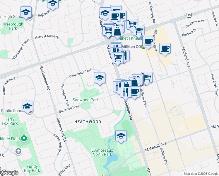 map of restaurants, bars, coffee shops, grocery stores, and more near 144 Canongate Trail in Toronto