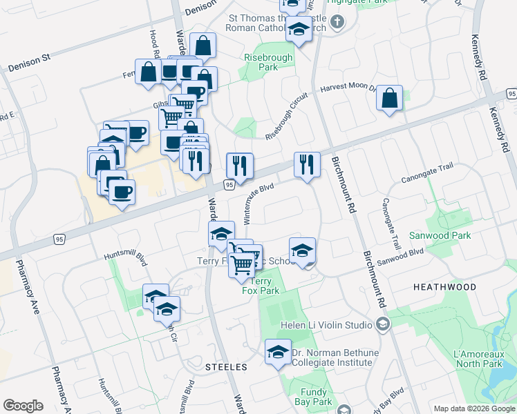 map of restaurants, bars, coffee shops, grocery stores, and more near 145 Sandyhook Square in Toronto