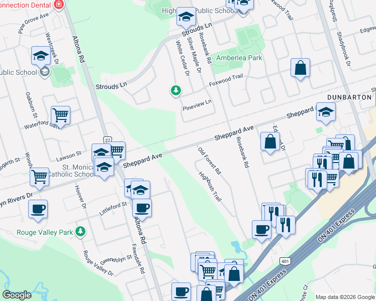 map of restaurants, bars, coffee shops, grocery stores, and more near 420 Sheppard Avenue in Pickering