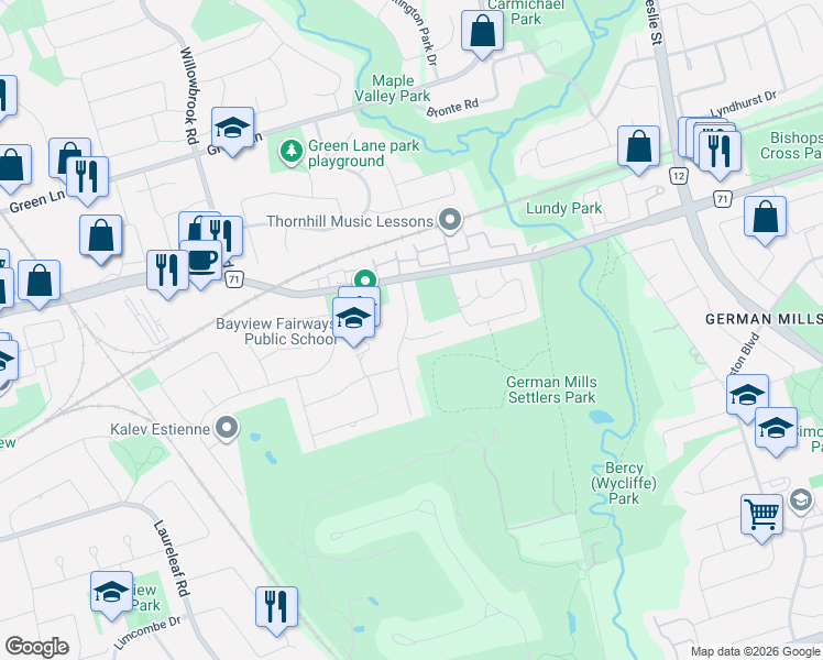 map of restaurants, bars, coffee shops, grocery stores, and more near 88 Dawn Hill Trail in Markham