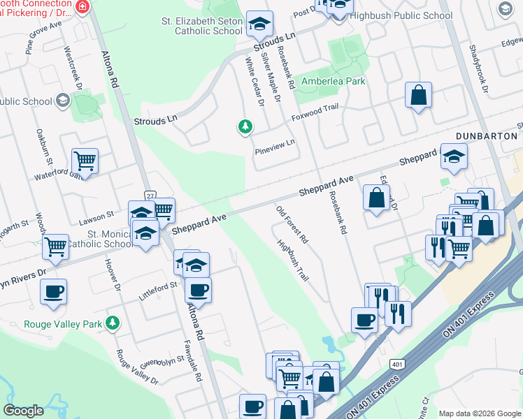 map of restaurants, bars, coffee shops, grocery stores, and more near 415 Sheppard Avenue in Pickering