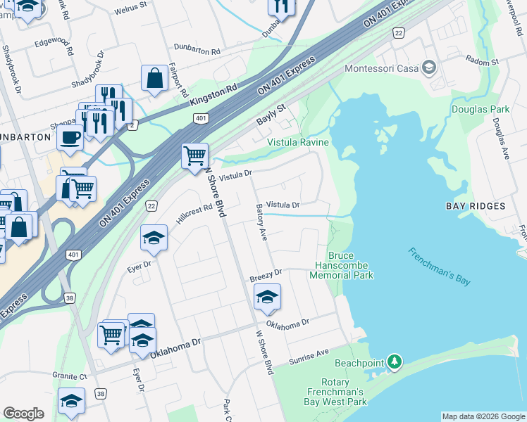 map of restaurants, bars, coffee shops, grocery stores, and more near 1014 Vistula Drive in Pickering