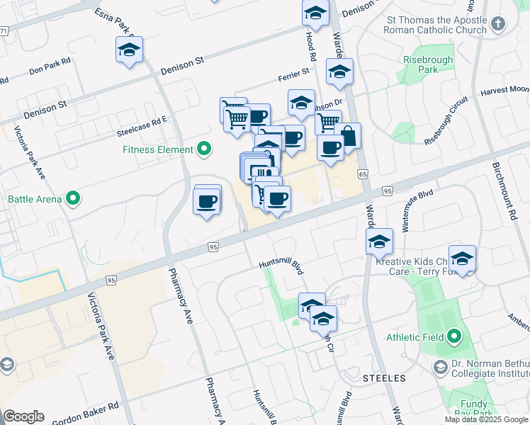 map of restaurants, bars, coffee shops, grocery stores, and more near 3636 Steeles Avenue East in Markham