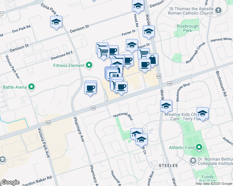 map of restaurants, bars, coffee shops, grocery stores, and more near 3636 Steeles Avenue East in Markham