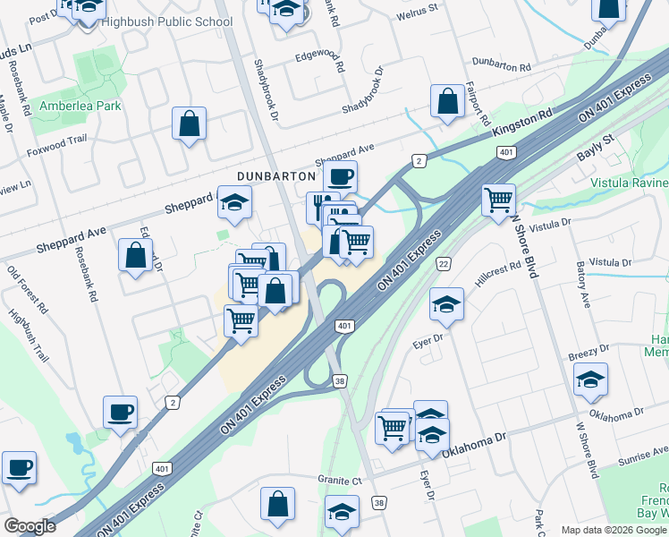 map of restaurants, bars, coffee shops, grocery stores, and more near 705 Kingston Road in Pickering
