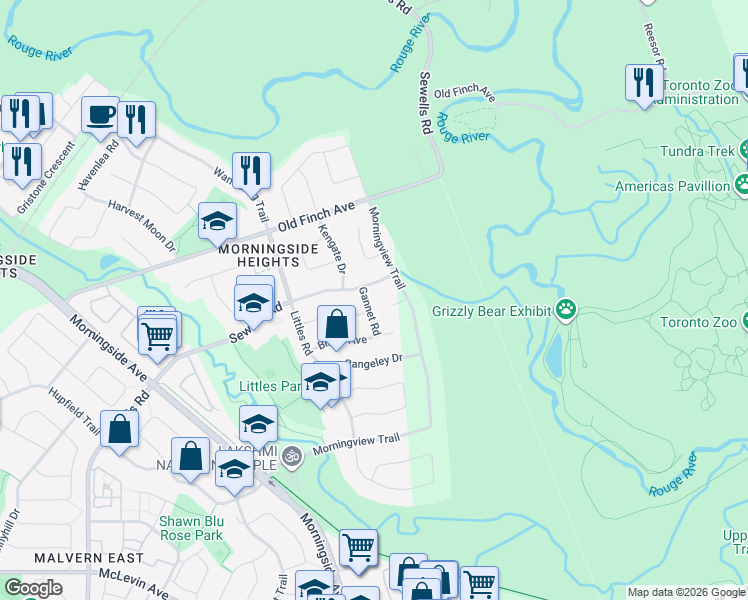 map of restaurants, bars, coffee shops, grocery stores, and more near 21 Gannet Road in Toronto