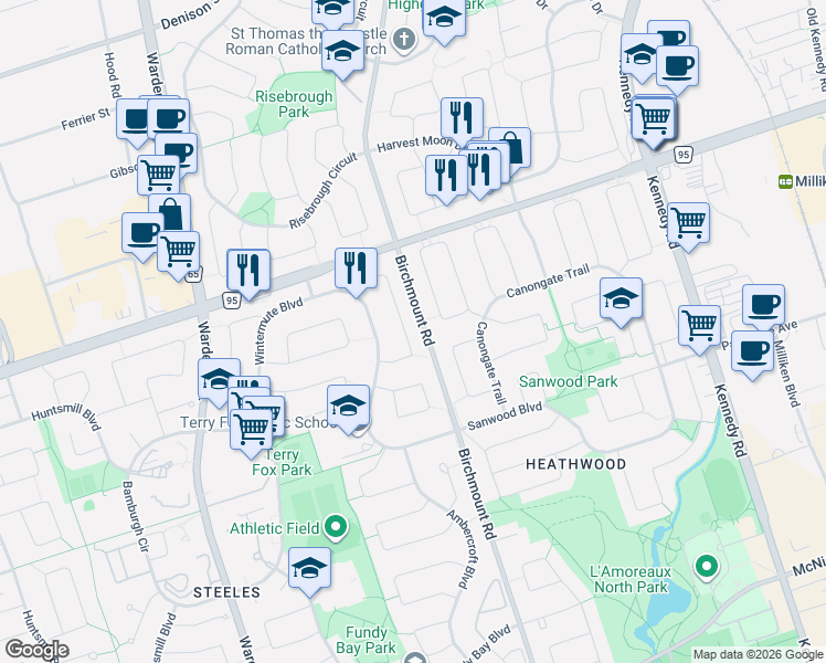 map of restaurants, bars, coffee shops, grocery stores, and more near 39 River Grove Drive in Toronto