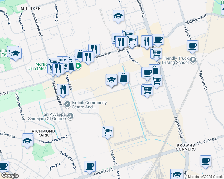 map of restaurants, bars, coffee shops, grocery stores, and more near 80 Nashdene Road in Toronto