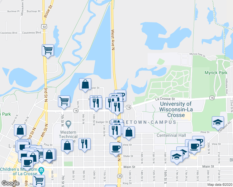 map of restaurants, bars, coffee shops, grocery stores, and more near 24 Wisconsin 35 in La Crosse