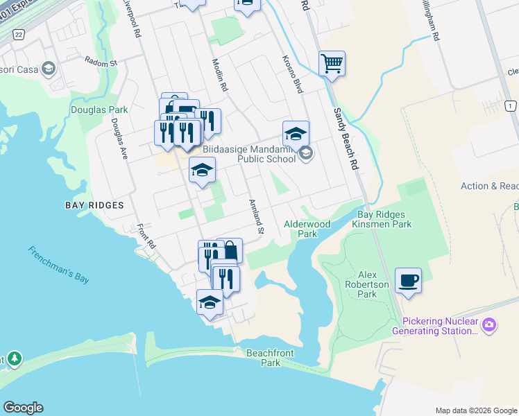 map of restaurants, bars, coffee shops, grocery stores, and more near 695 Annland Street in Pickering
