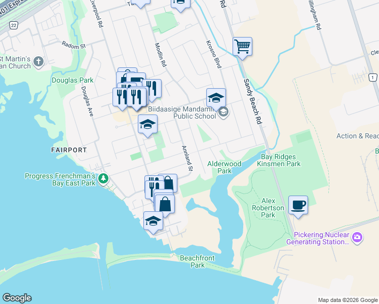 map of restaurants, bars, coffee shops, grocery stores, and more near 695 Annland Street in Pickering