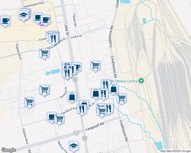 map of restaurants, bars, coffee shops, grocery stores, and more near in Vaughan