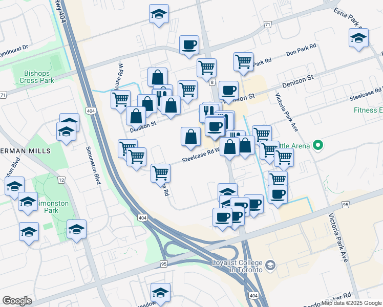map of restaurants, bars, coffee shops, grocery stores, and more near 20 Steelcase Road West in Markham