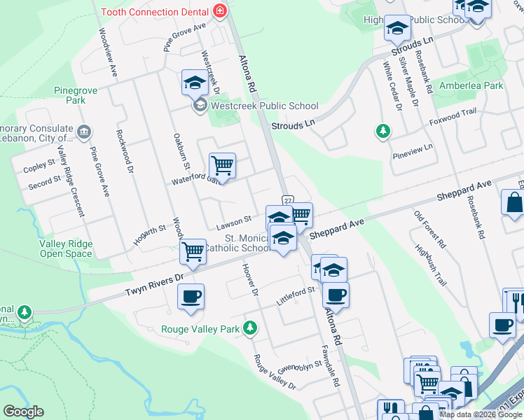 map of restaurants, bars, coffee shops, grocery stores, and more near 1801 Forestview Drive in Pickering