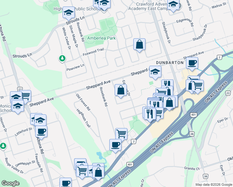 map of restaurants, bars, coffee shops, grocery stores, and more near 501 Sundown Crescent in Pickering
