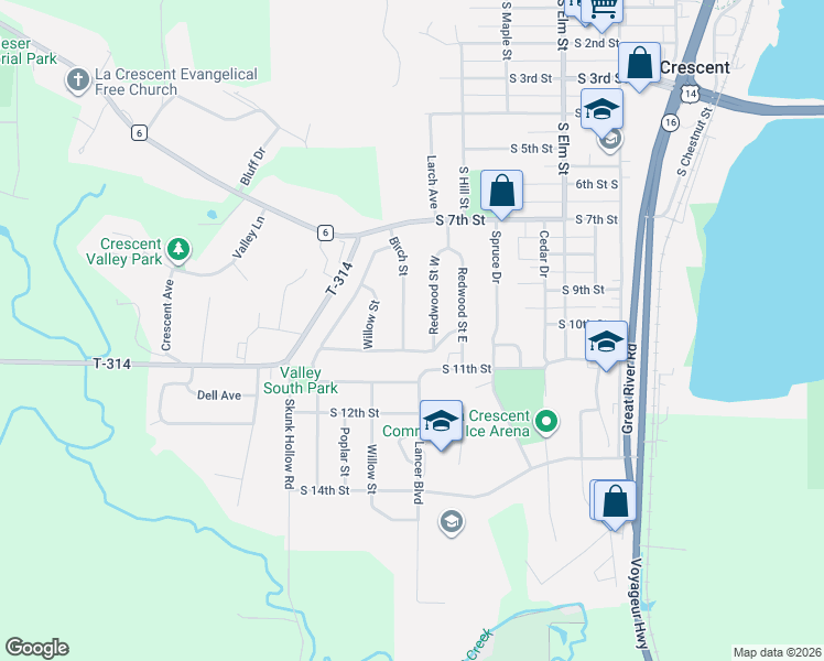 map of restaurants, bars, coffee shops, grocery stores, and more near 921 Birch Street in La Crescent