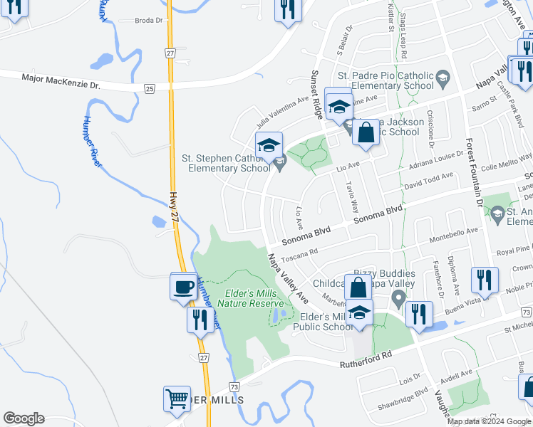 map of restaurants, bars, coffee shops, grocery stores, and more near 375 Napa Valley Avenue in Vaughan