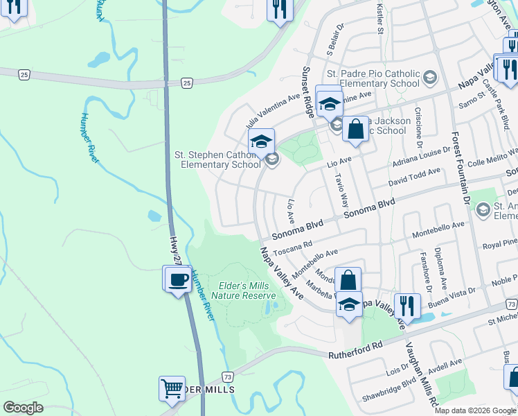 map of restaurants, bars, coffee shops, grocery stores, and more near 375 Napa Valley Avenue in Vaughan