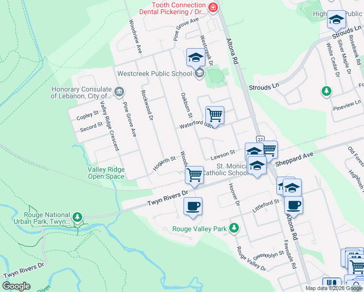 map of restaurants, bars, coffee shops, grocery stores, and more near 1779 Woodview Avenue in Pickering